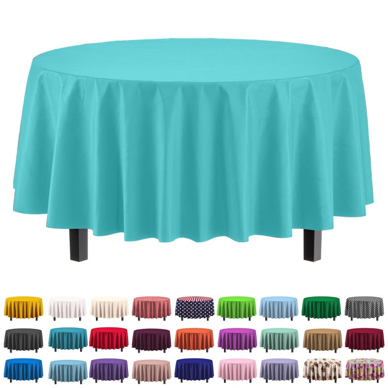 Party Solids 6-Pack Premium Plastic Tablecloth 84in. Round Plastic Table Cover - Aquaâ€¦ - Image 1